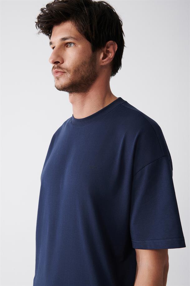 Lacivert Bisiklet Yaka Baskılı Oversize T-Shirt