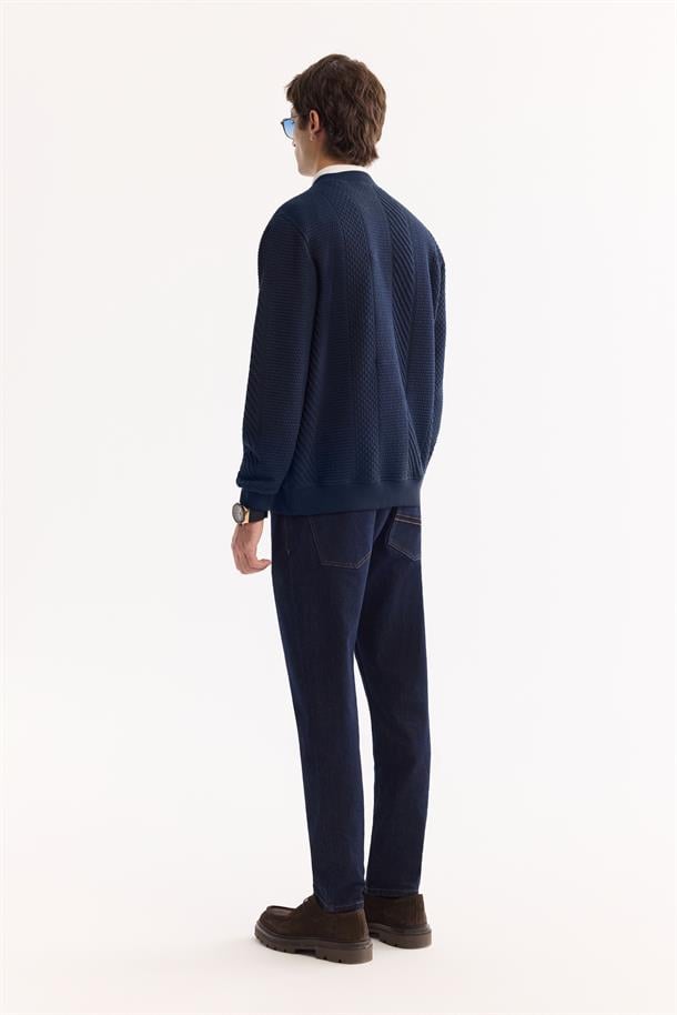 Lacivert Bisiklet Yaka Çizgili Jakarlı Sweatshirt