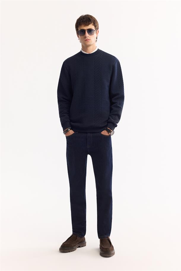 Lacivert Bisiklet Yaka Çizgili Jakarlı Sweatshirt
