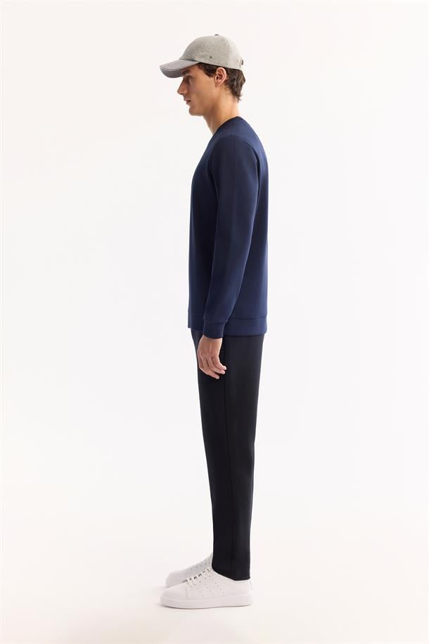 Lacivert Bisiklet Yaka Fitil Ribana İnterlok  Sweatshirt