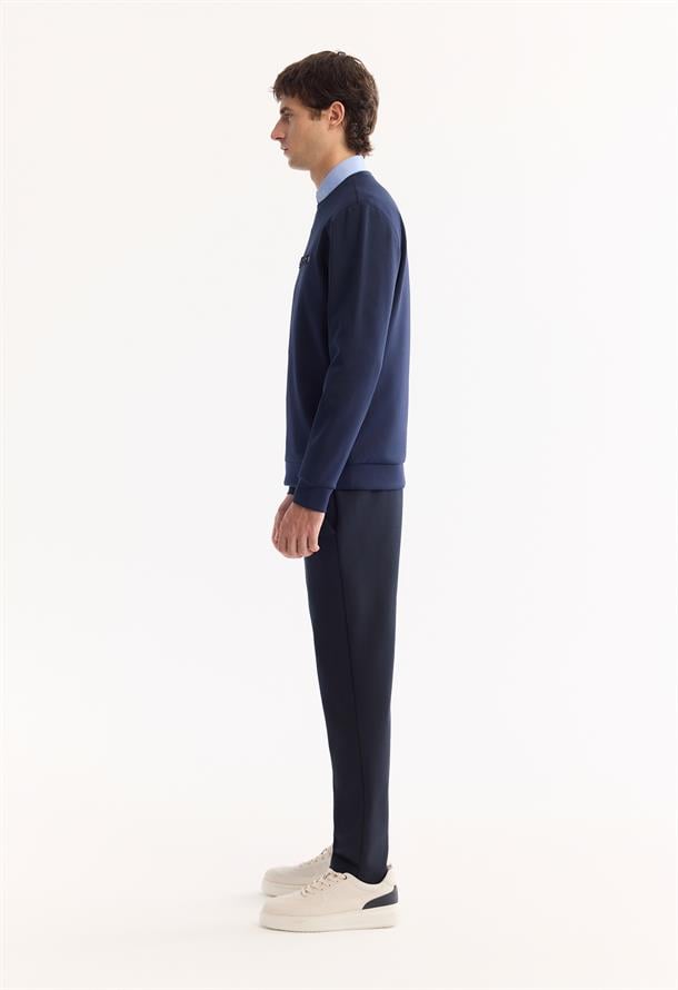 Lacivert Bisiklet Yaka Gofre  Baskılı İnterlok Sweatshirt
