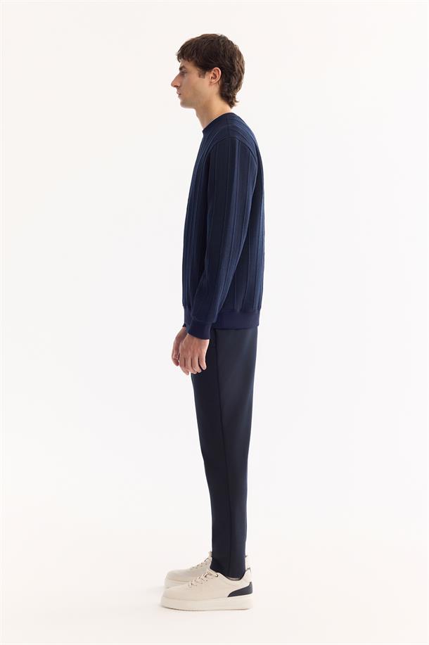 Lacivert Bisiklet Yaka Jakarlı Sweatshirt