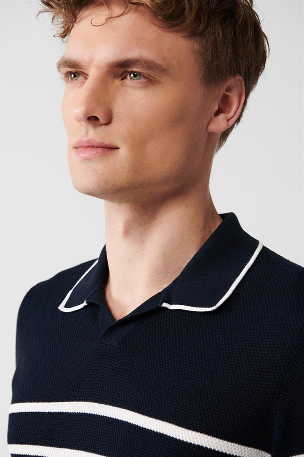 Lacivert Düğmesiz Polo Yaka Dokulu ve Çizgi Detaylı Triko T-shirt