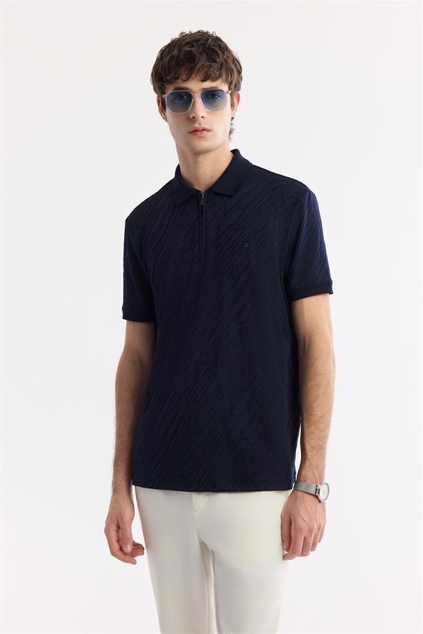 Lacivert Fermuarlı Polo Yaka Jakarlı T-Shirt