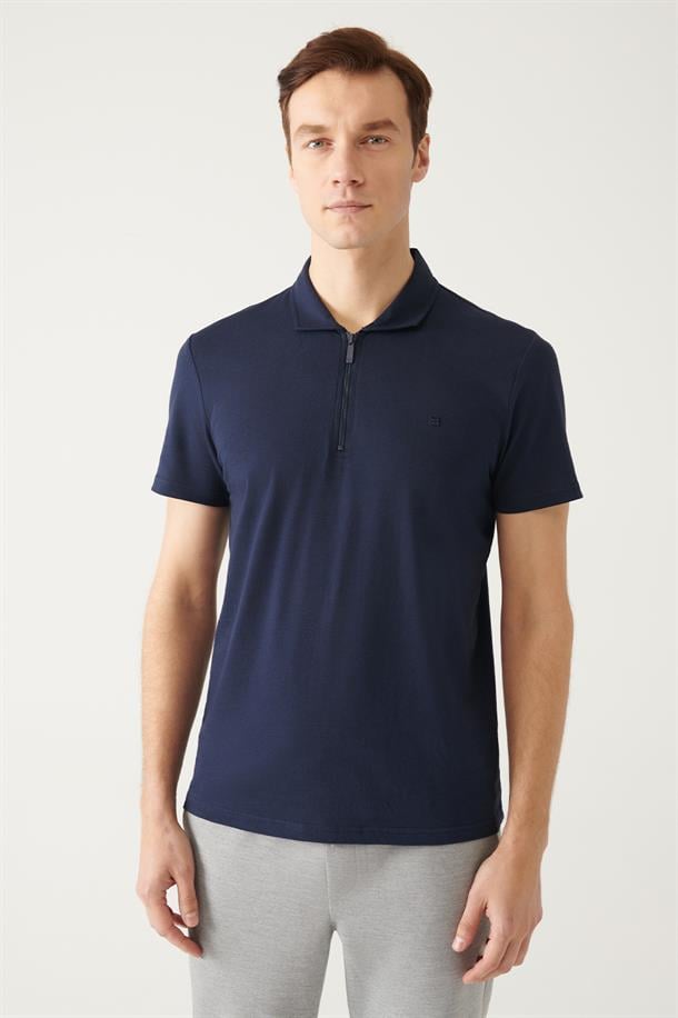 Lacivert Fermuarlı Polo Yaka T-Shirt