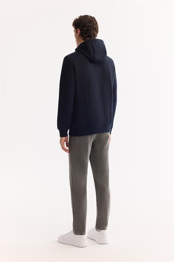 Lacivert Kapüşonlu 3 İplik Şardonlu Pamuklu Sweatshirt