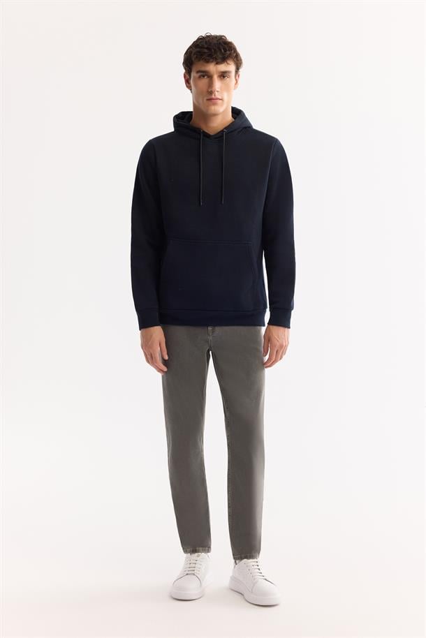 Lacivert Kapüşonlu 3 İplik Şardonlu Pamuklu Sweatshirt