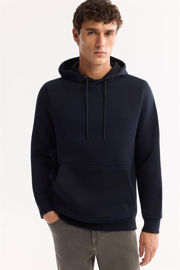 Lacivert Kapüşonlu 3 İplik Şardonlu Pamuklu Sweatshirt