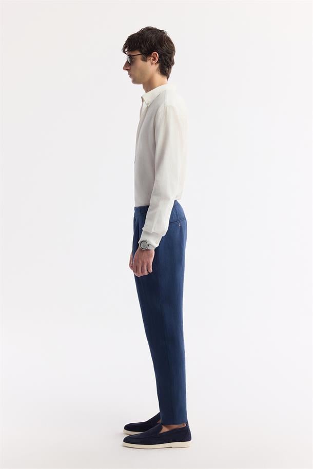 Lacivert Klasilk Bel Apolet Detaylı Gordion %100 Keten Carrot Fit Pantolon