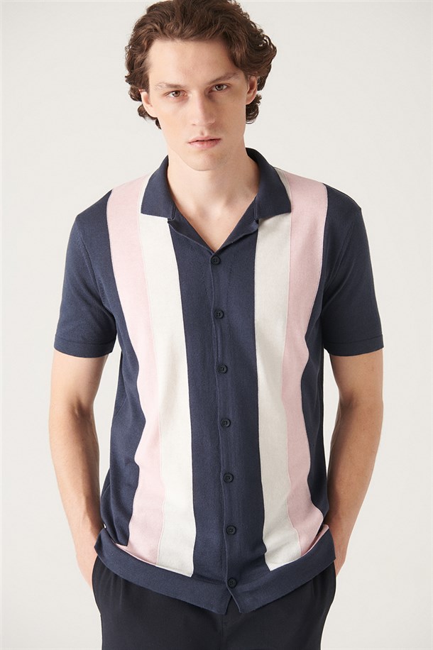 Lacivert Mono Yaka Çizgili Kısa Kol Triko T-Shirt