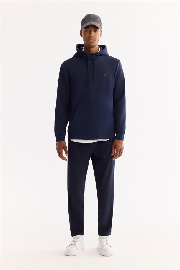 Lacivert Pamuklu Kanguru Cepli İnterlok Sweatshirt