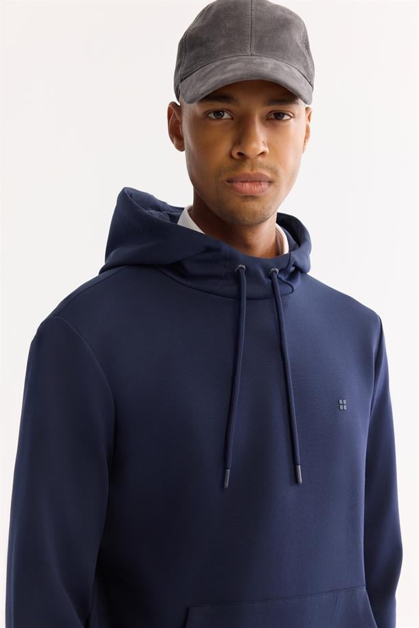 Lacivert Pamuklu Kanguru Cepli İnterlok Sweatshirt