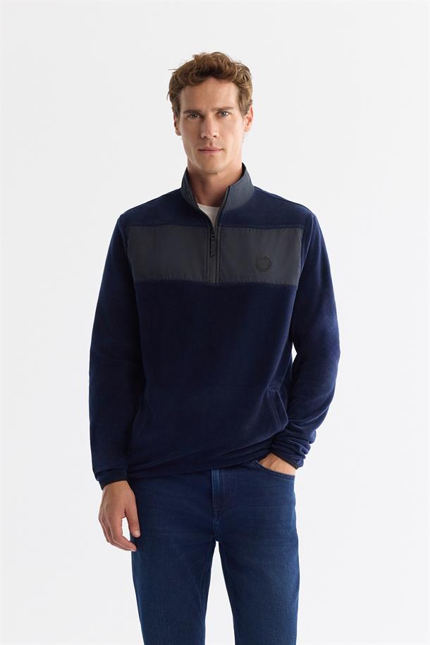 Lacivert Paraşüt Garnili Yarım Fermuar Polar Sweatshirt