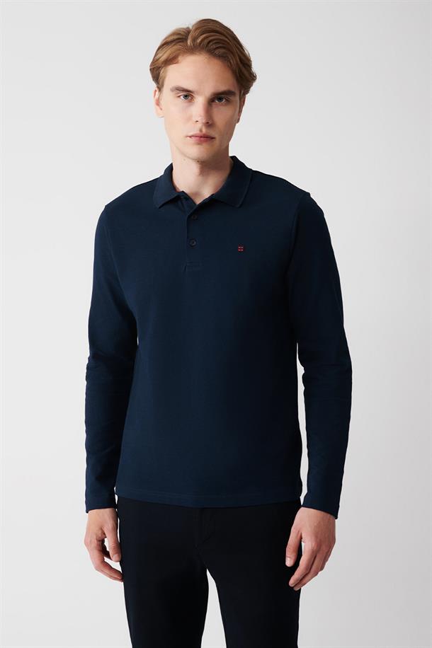 Lacivert Polo Yaka %100 Pamuk Basic Regular Fit Standart Kesim Sweatshirt