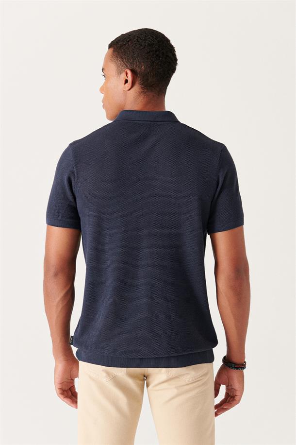 Lacivert Polo Yaka Dokulu Basic Triko T-shirt