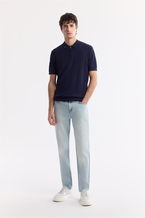 Lacivert Polo Yaka Fermuarlı Fitil Örgü Detaylı Rayon Triko T-shirt