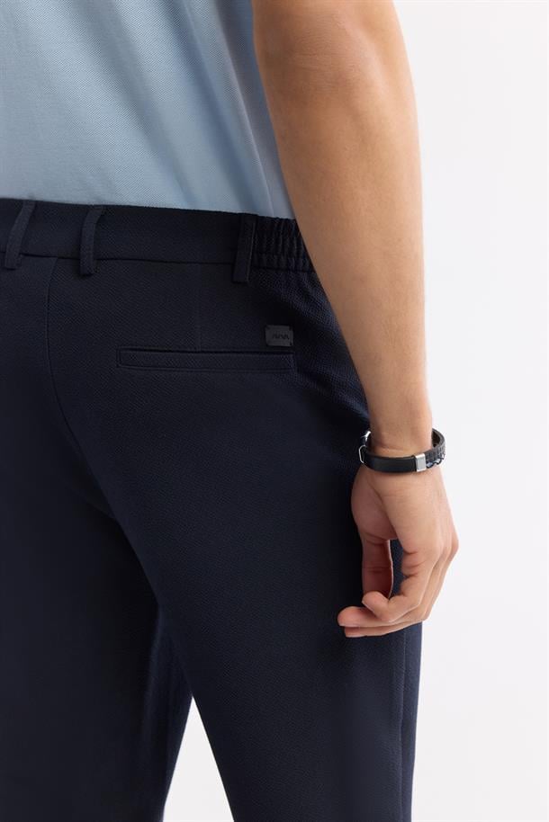 Lacivert Yan Beli Lastikli Gofreli Chino Pantolon