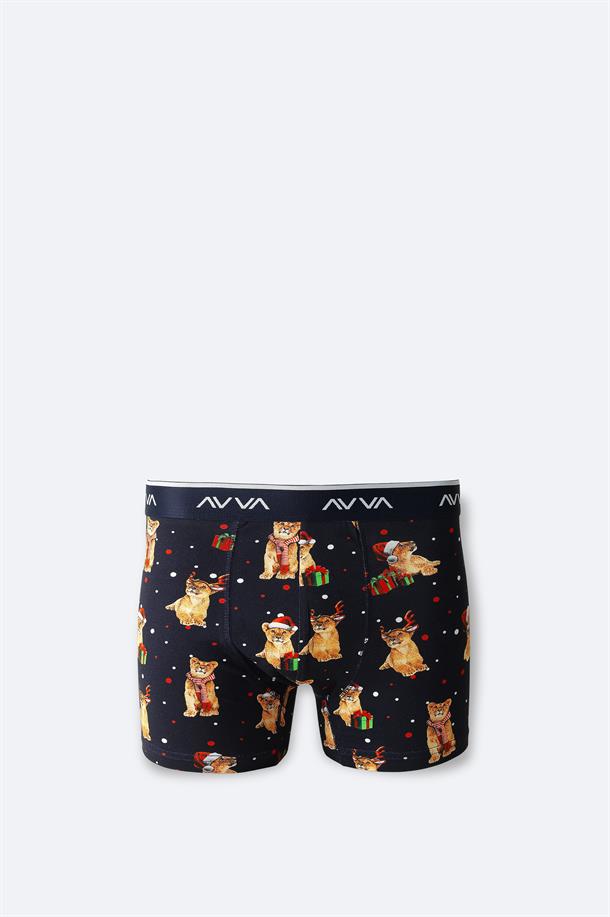 Lacivert Yılbaşı Desenli Tekli Kutu Boxer
