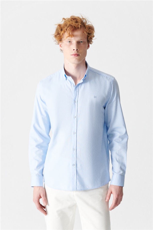 Mavi Düz Alttan Britli Yaka Regular Fit Gömlek