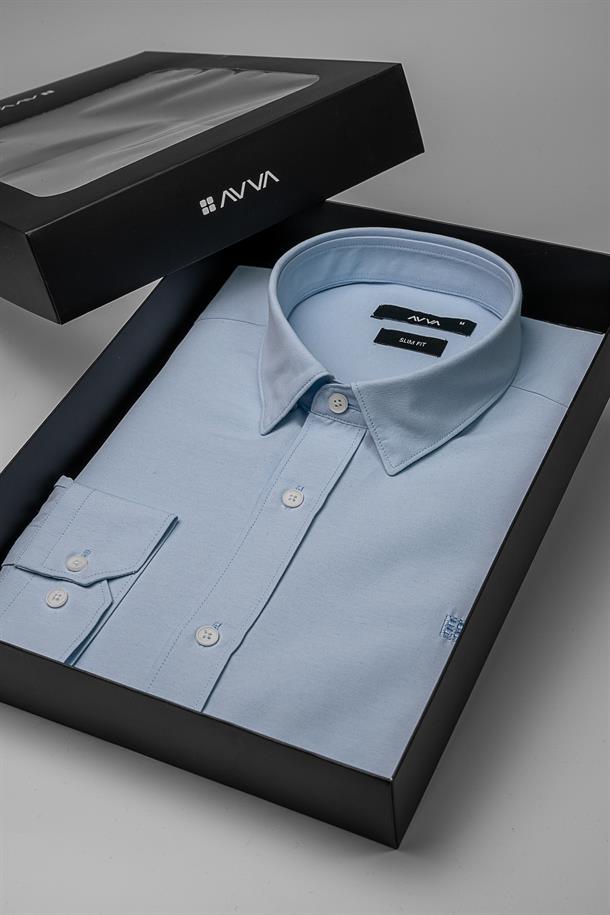 Mavi Klasik Yaka Kolay Ütülenebilir Pamuklu Slim Fit Özel Kutulu Gömlek