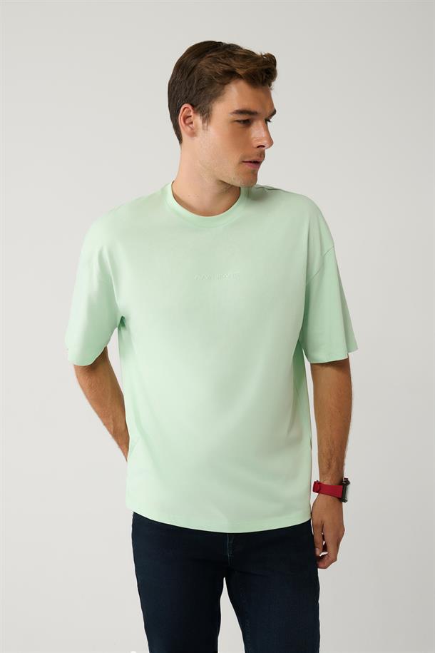 Mint Yeşil Baskılı Bisiklet Yaka Pamuklu Oversize T-shirt