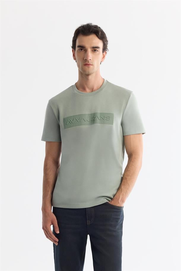 Mint Yeşil Bisiklet Yaka Baskılı Esnek Kumaş T-Shirt