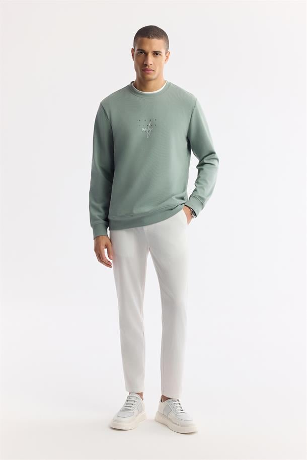 Mint Yeşil Bisiklet Yaka Baskılı İnterlok Sweatshirt
