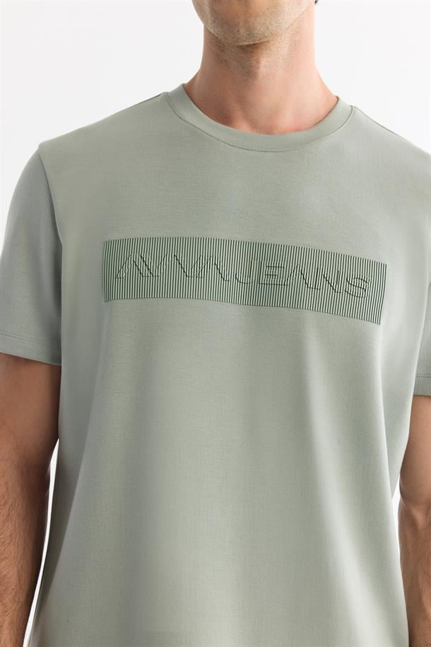Mint Yeşil Bisiklet Yaka Baskılı T-Shirt