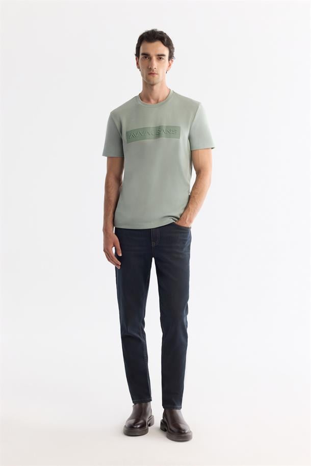 Mint Yeşil Bisiklet Yaka Baskılı T-Shirt