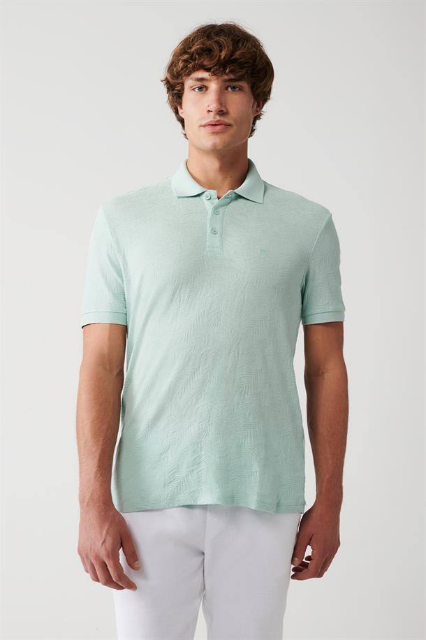 Mint Yeşil Polo Yaka Fermuarlı Jakarlı T-Shirt