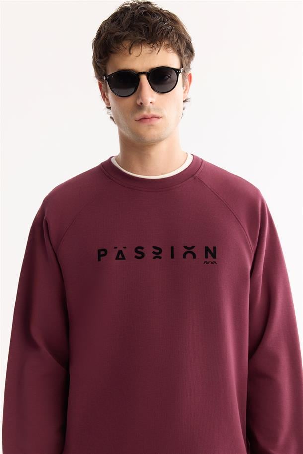 Mürdüm Bisiklet Yaka Rubber Baskılı İnterlok Sweatshirt