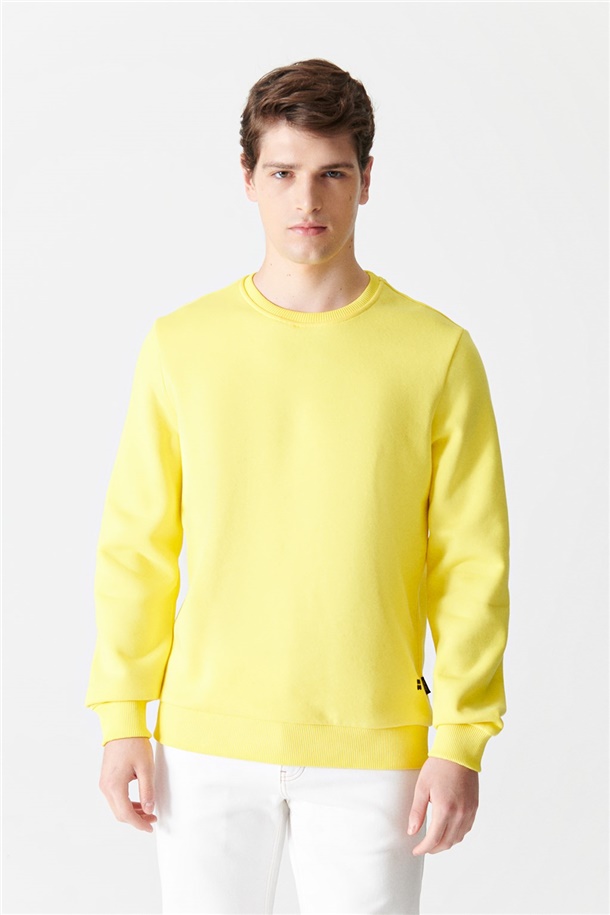 Neon Sarı Bisiklet Yaka Düz Sweatshirt