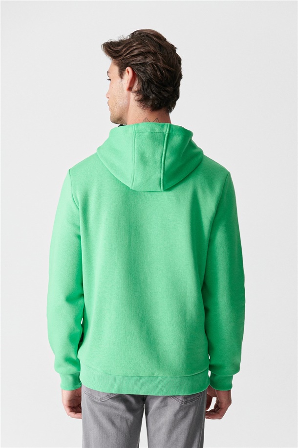 Neon Yeşil Kapüşonlu Yaka Düz Sweatshirt