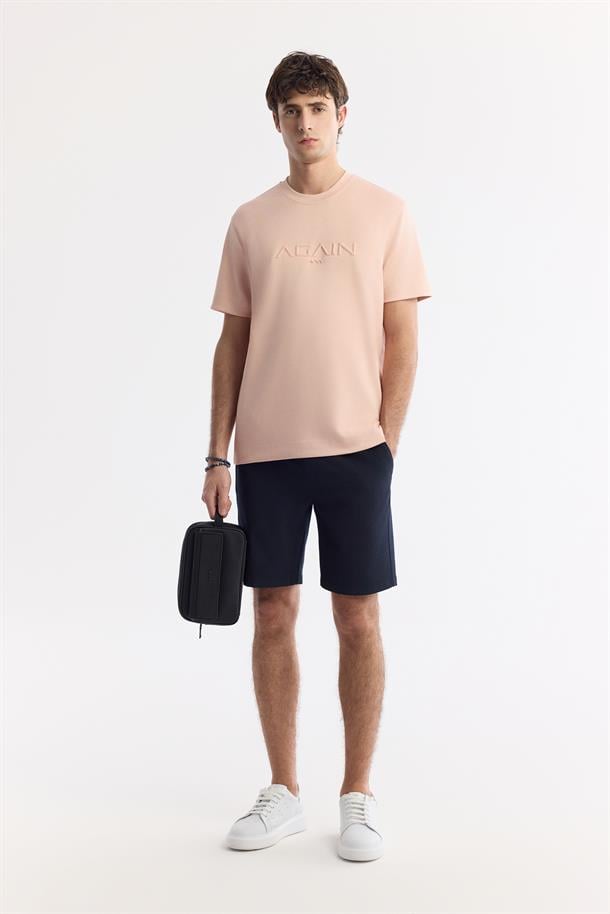 Pembe Bisiklet Yaka Hologram Baskılı İnterlok T-Shirt