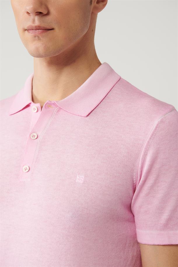 Pembe Polo Yaka Boya Efektli Triko T-shirt