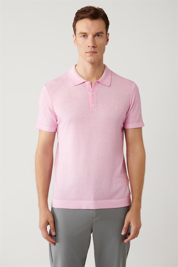 Pembe Polo Yaka Boya Efektli Triko T-shirt