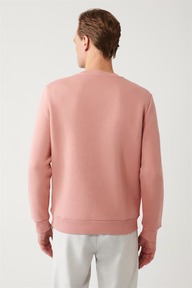 Pembe Şardonlu Kumaş Bisiklet Yaka Enjeksiyon Baskılı Sweatshirt