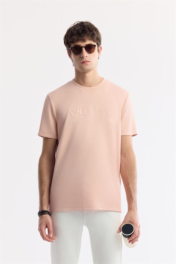 Pudra Bisiklet Yaka Baskılı İnterlok T-Shirt