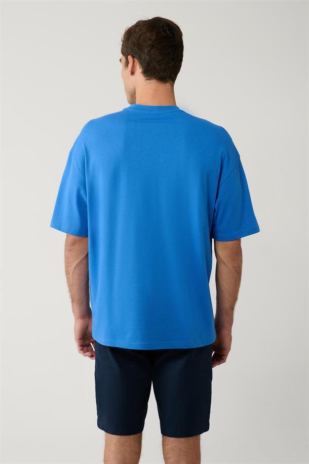 Saks Baskılı Bisiklet Yaka Pamuklu Oversize T-shirt