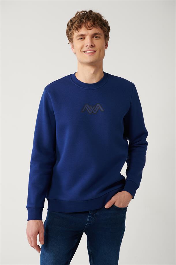 Saks Şardonlu Kumaş Bisiklet Yaka Enjeksiyon Baskılı Sweatshirt