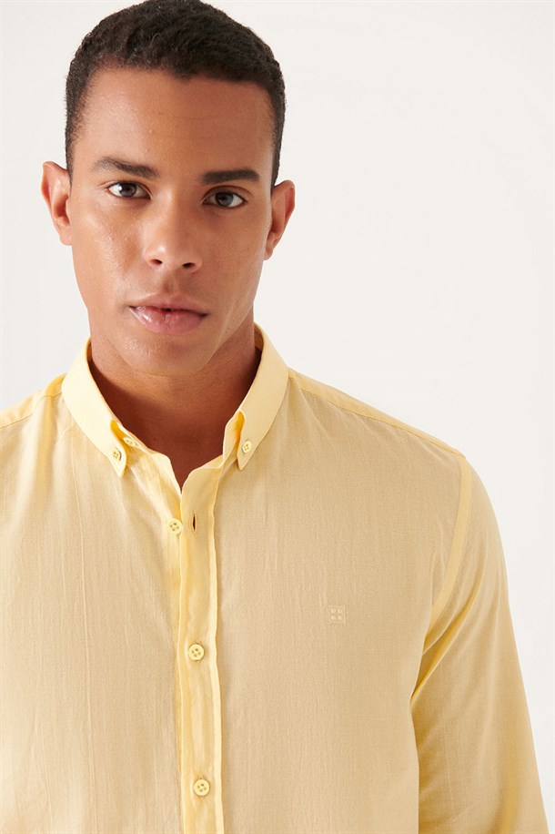 Sarı Alttan Britli Yaka Regular Fit Uzun Kol Basic Vual Gömlek