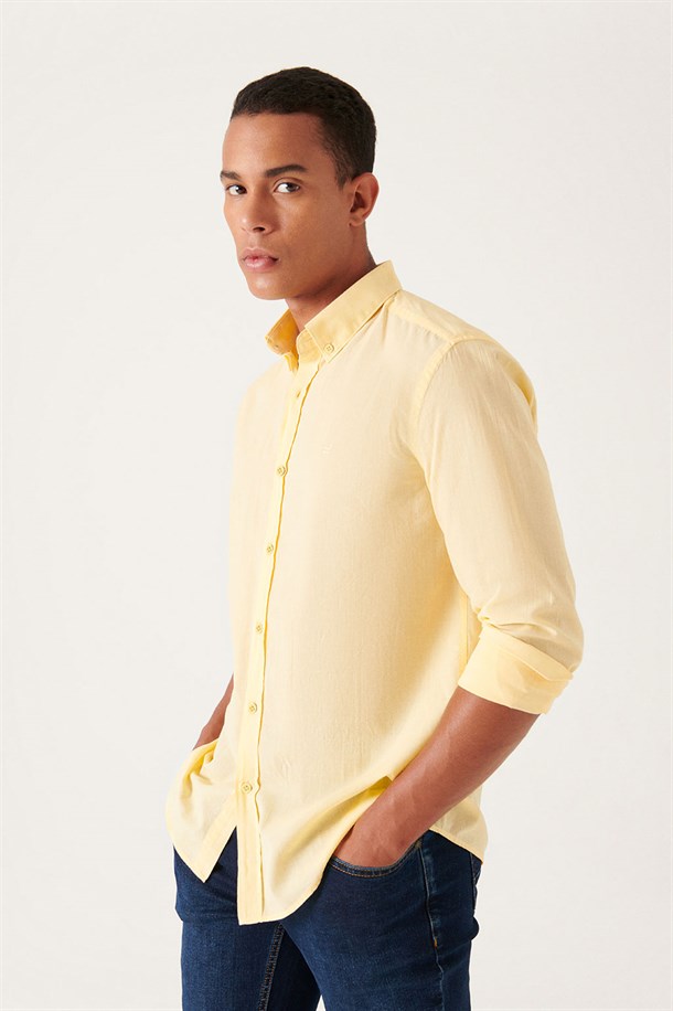 Sarı Alttan Britli Yaka Regular Fit Uzun Kol Basic Vual Gömlek