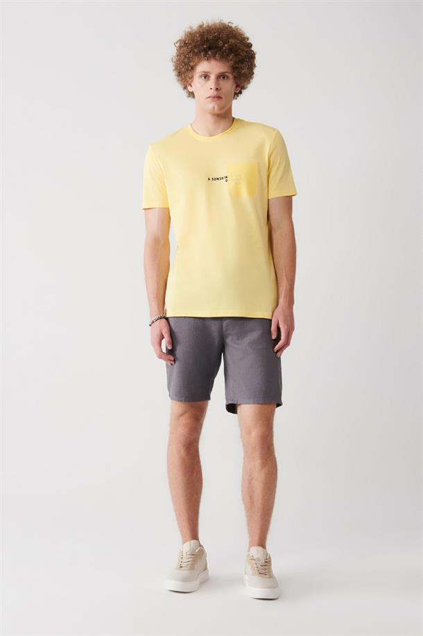Sarı Bisiklet Yaka  Baskılı Cepli Örme T-Shirt