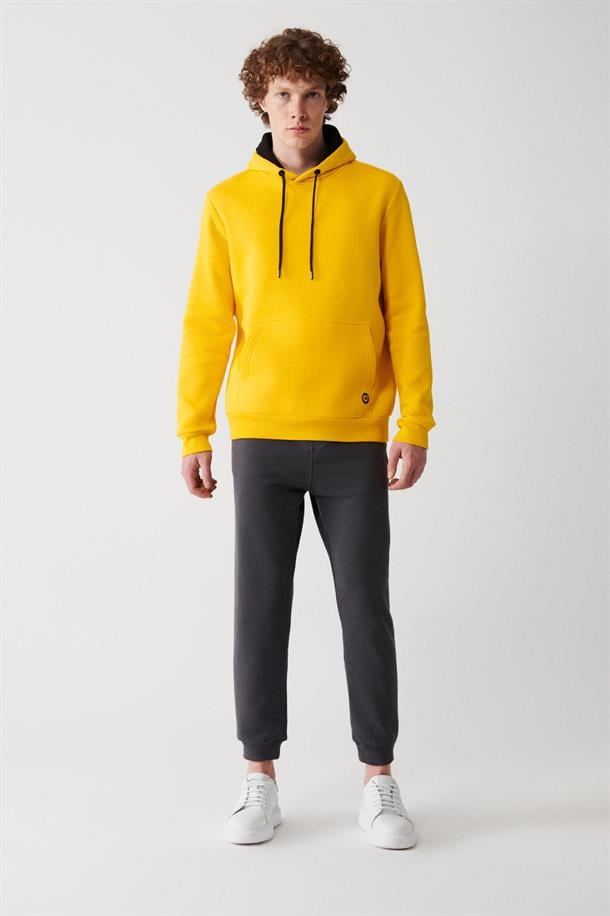 Sarı Kapüşonlu Yaka İçi Polarlı 3 İplik Pamuklu Regular Fit Standart Kesim Unisex Sweatshirt