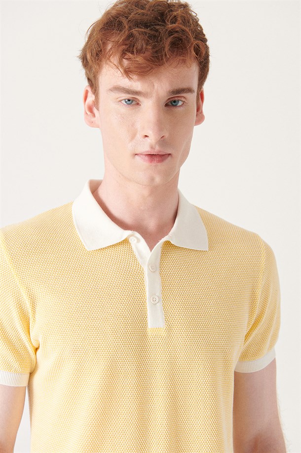 Sarı Polo Yaka Jakarlı Kısa Kol Triko T-Shirt