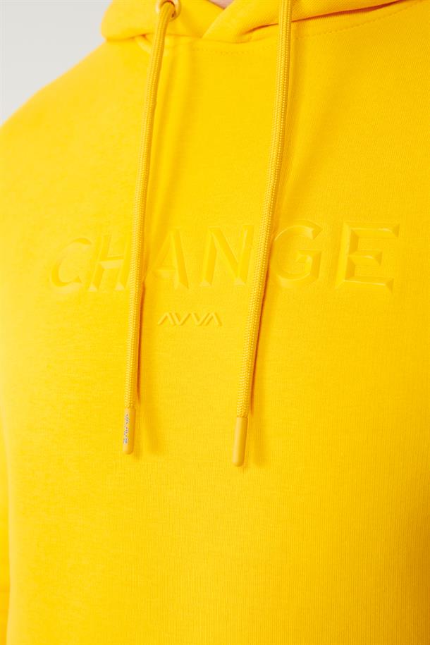 Sarı Şardonlu Kumaş Kapüşonlu Yaka Piramit Baskılı Sweatshirt