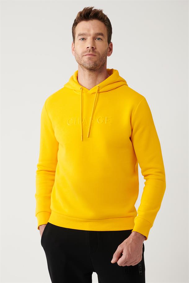 Sarı Şardonlu Kumaş Kapüşonlu Yaka Piramit Baskılı Sweatshirt