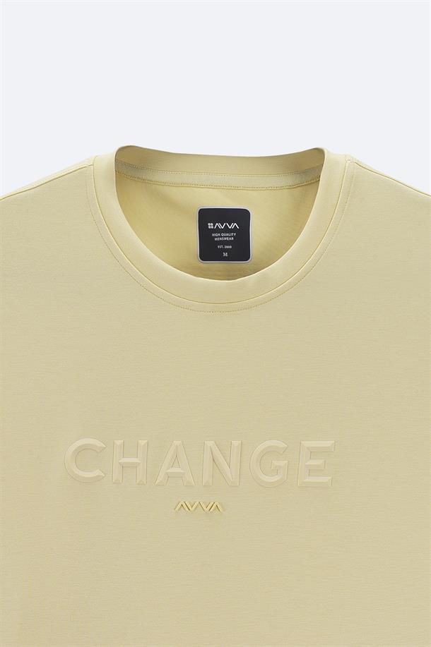 Sarı Soft Touch Bisiklet Yaka Baskılı T-Shirt