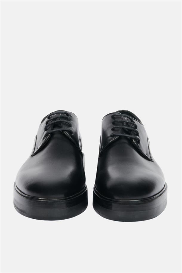 Siyah %100 Deri Bağcıklı Kösele Klasik Ayakkabı