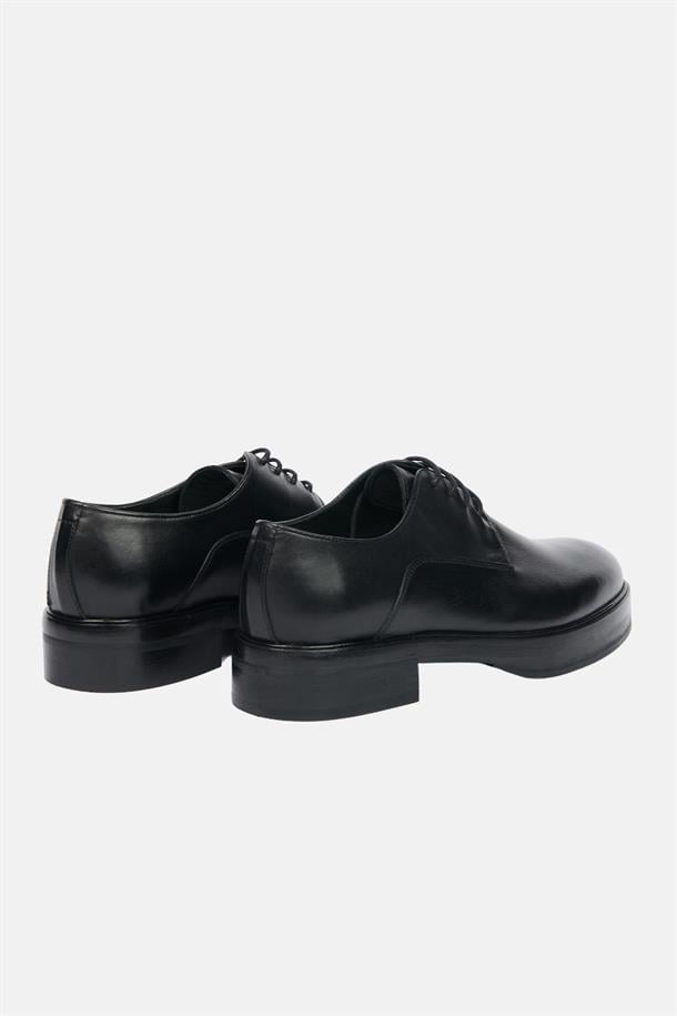 Siyah %100 Deri Bağcıklı Kösele Klasik Ayakkabı